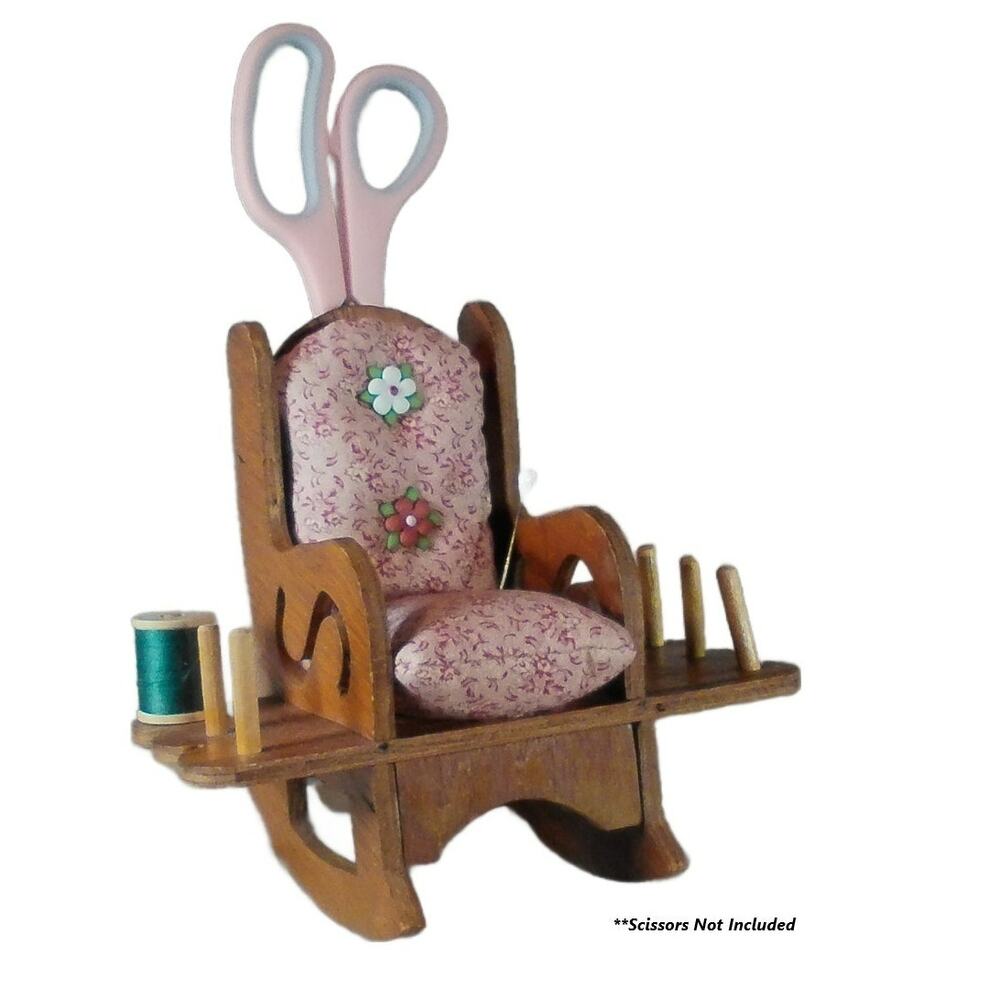 Handmade Vintage Wooden Rocking Chair Pin Cushion Thread Caddy